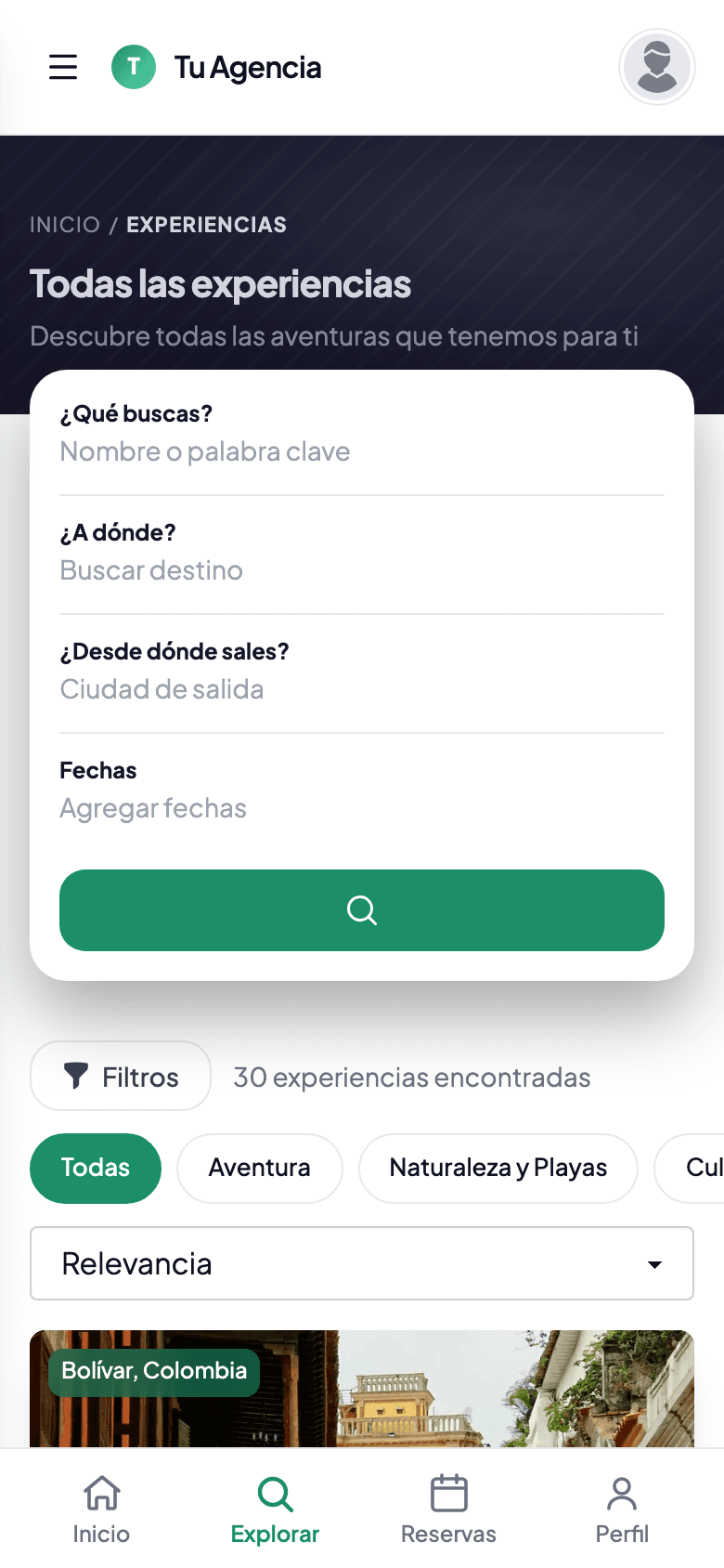 El mismo catálogo de experiencias en versión móvil