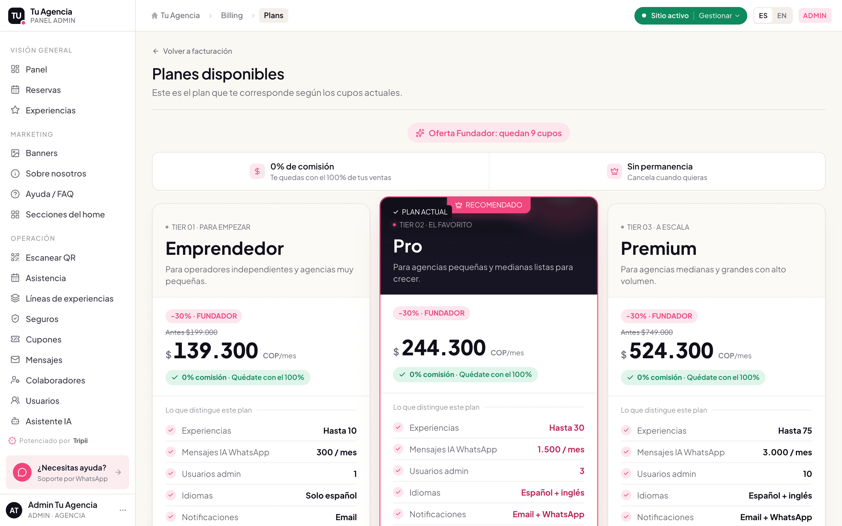 Planes disponibles: un plan fijo mensual con 0% de comisión