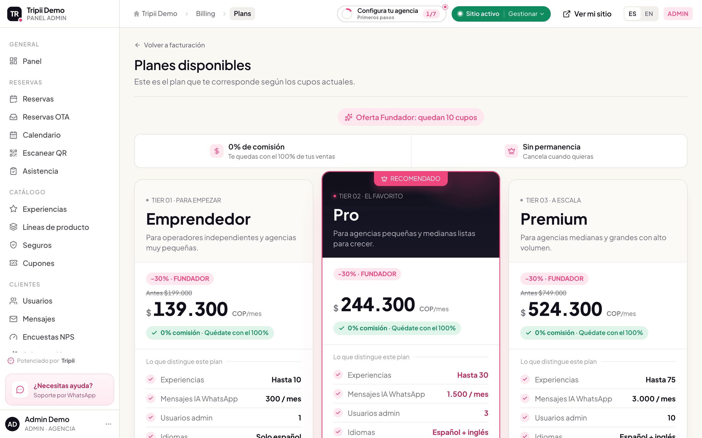Planes de suscripción: un plan fijo mensual, con 0% de comisión por reserva