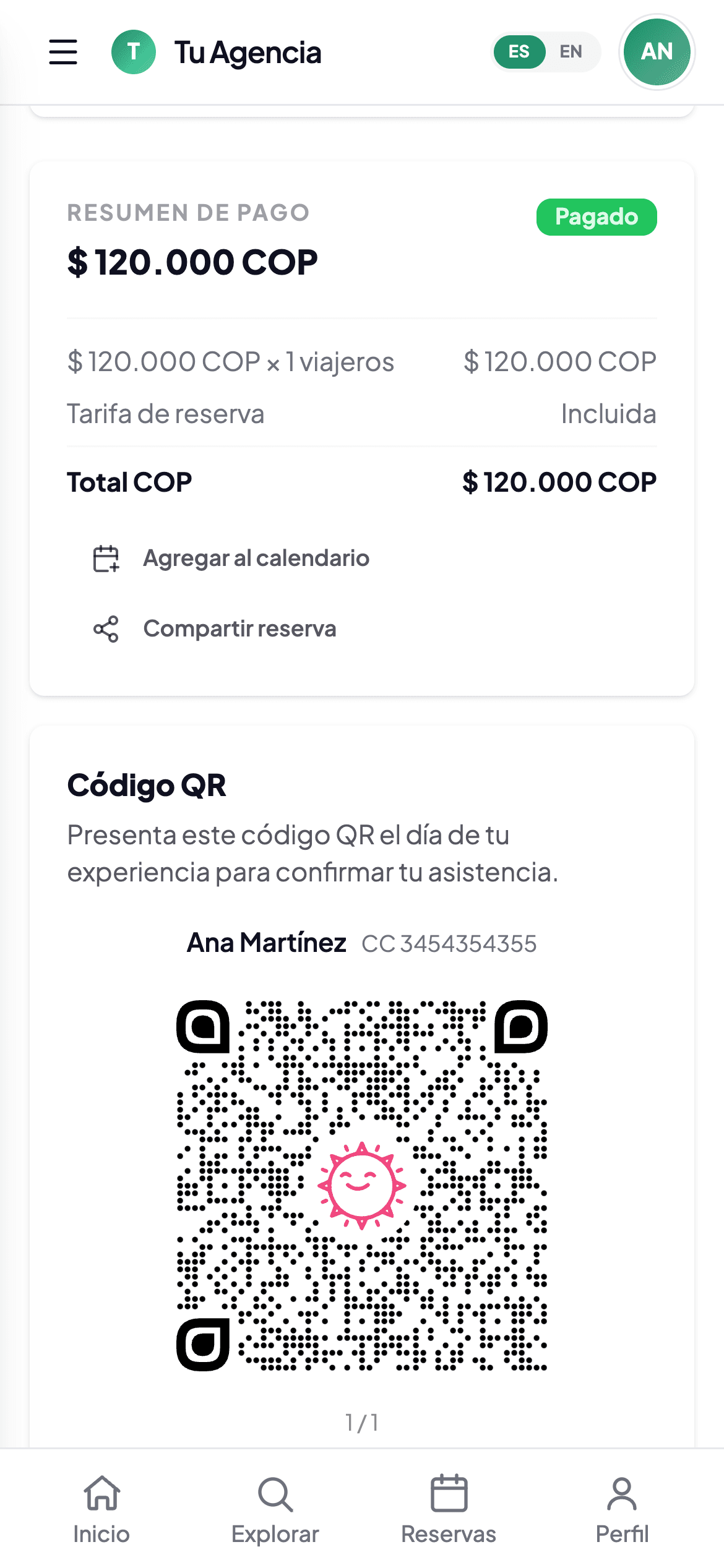 La misma reserva con el código QR en versión móvil