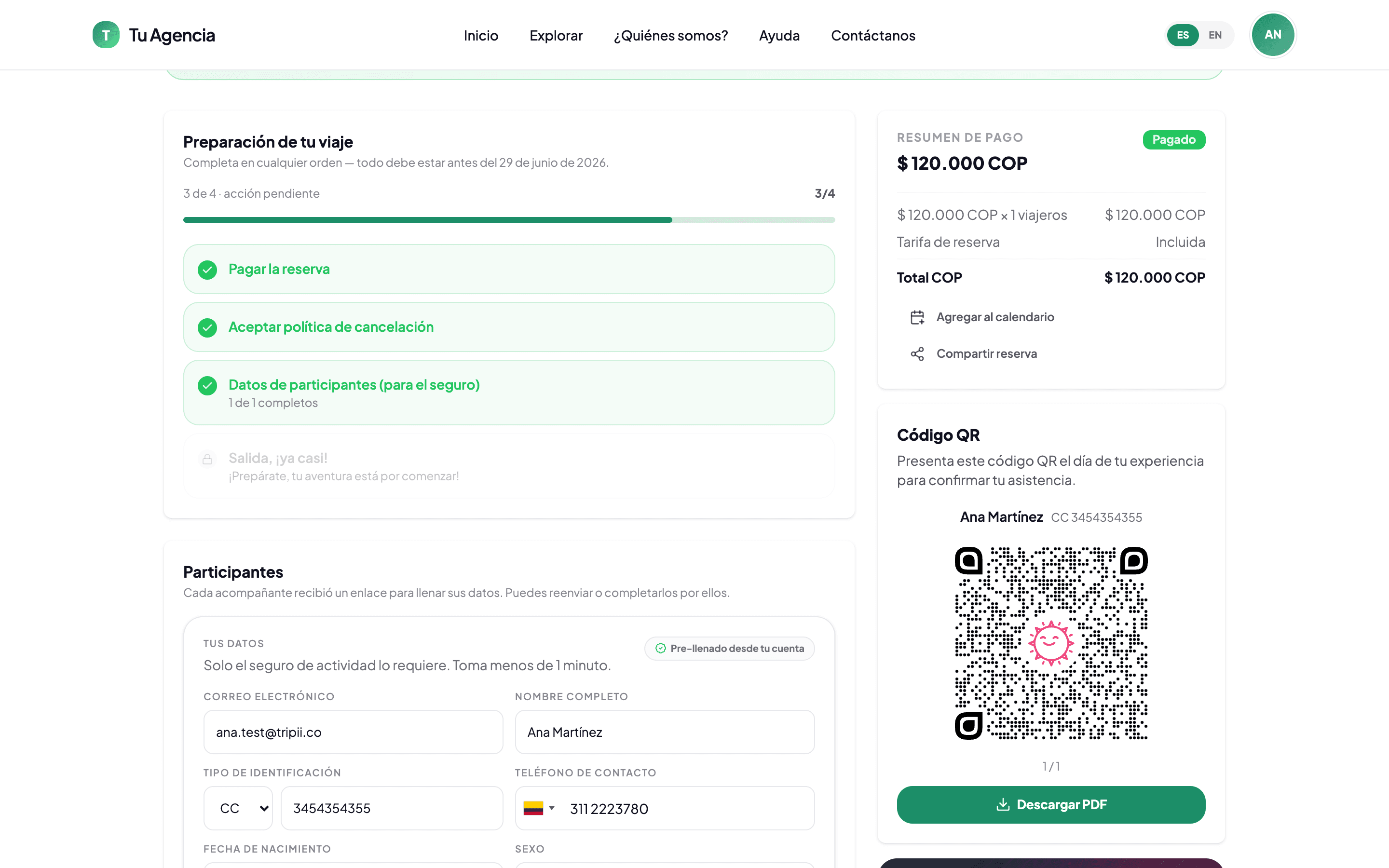 Reserva del viajero con su código QR, en escritorio