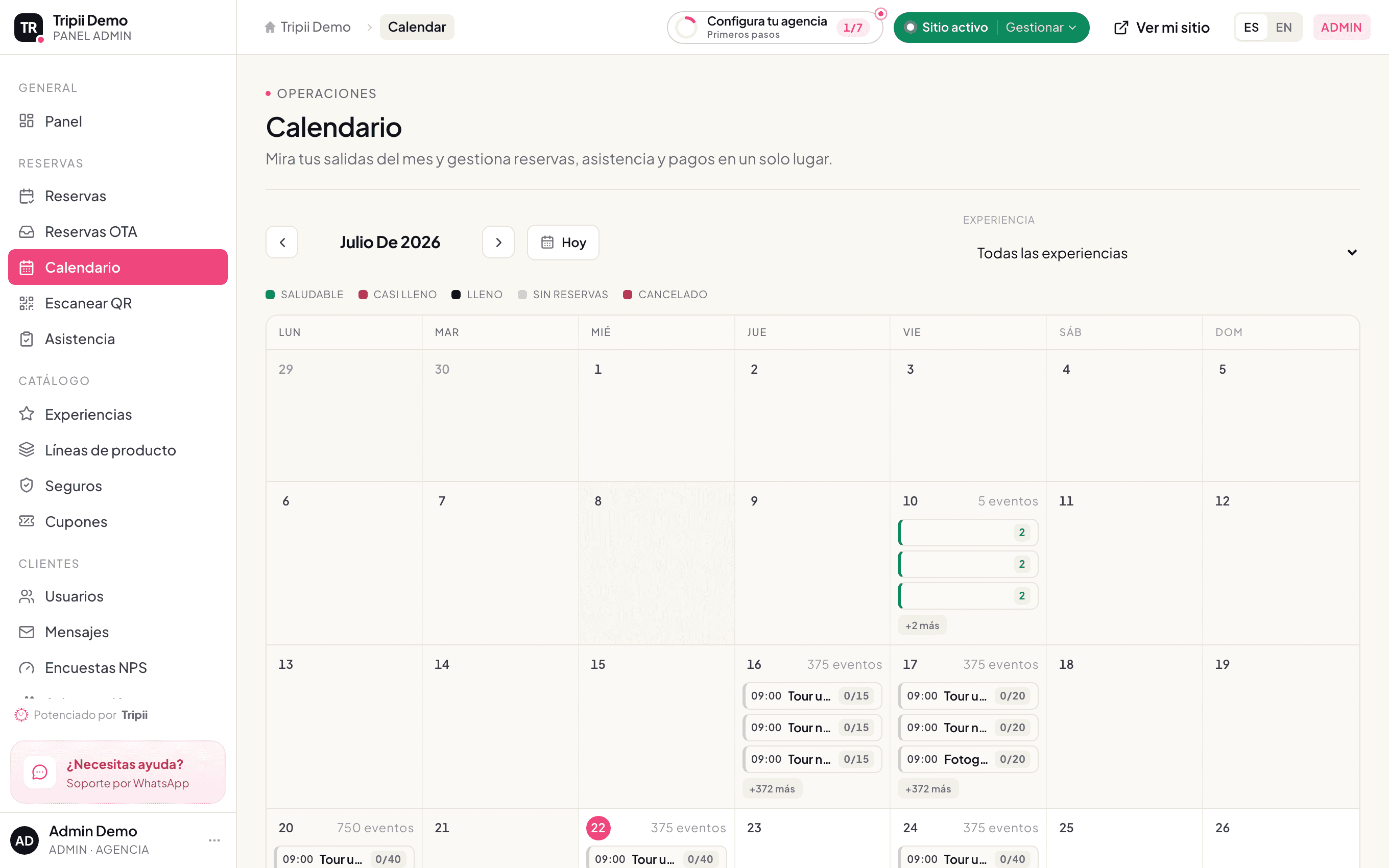 Calendario de disponibilidad: cupos por fecha, sin sobreventas