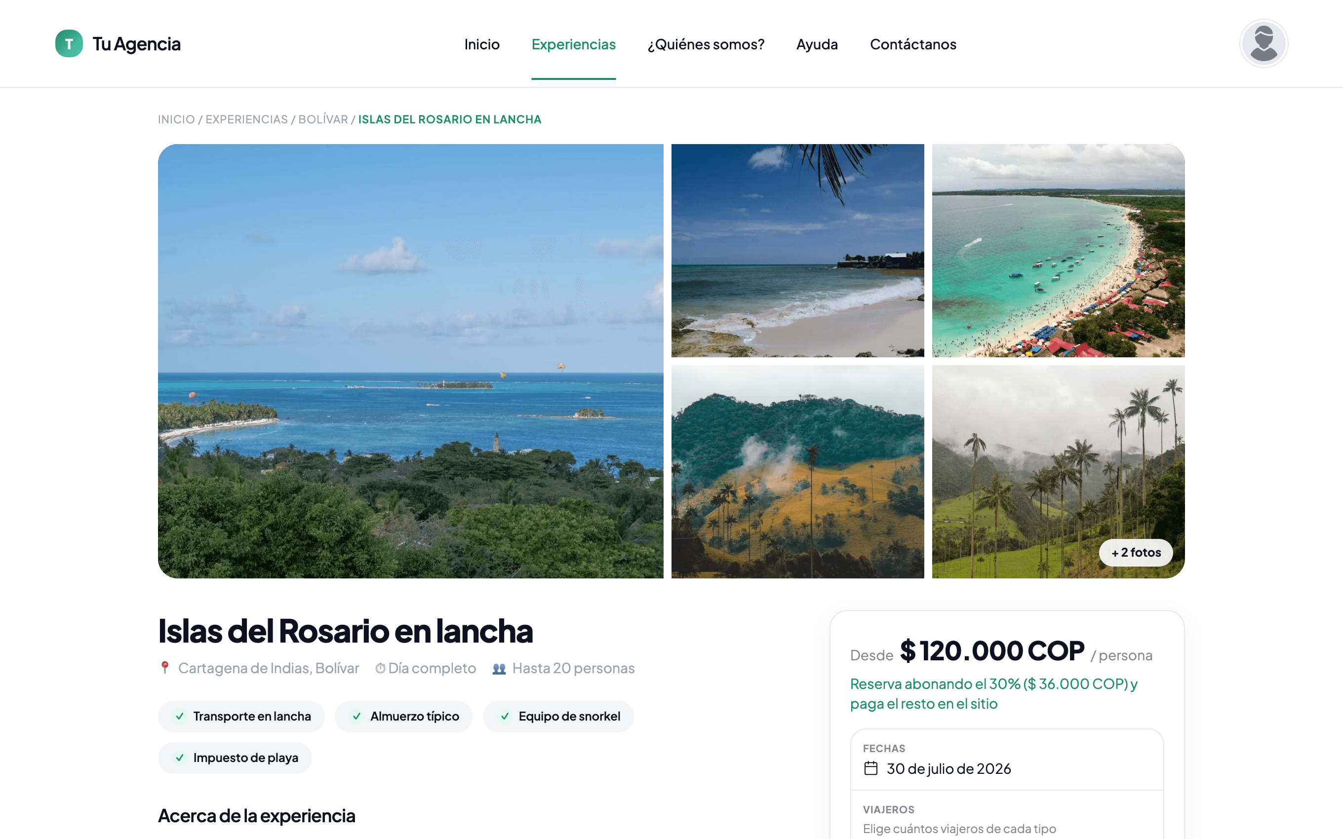 Página pública de una experiencia, alimentada del mismo catálogo