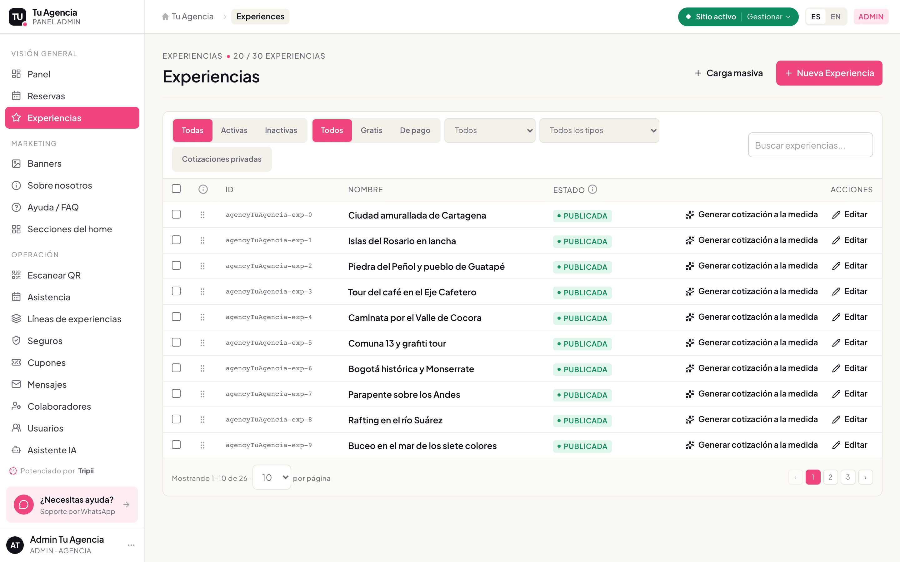 Catálogo de experiencias en el panel, con precios y cupos en vivo