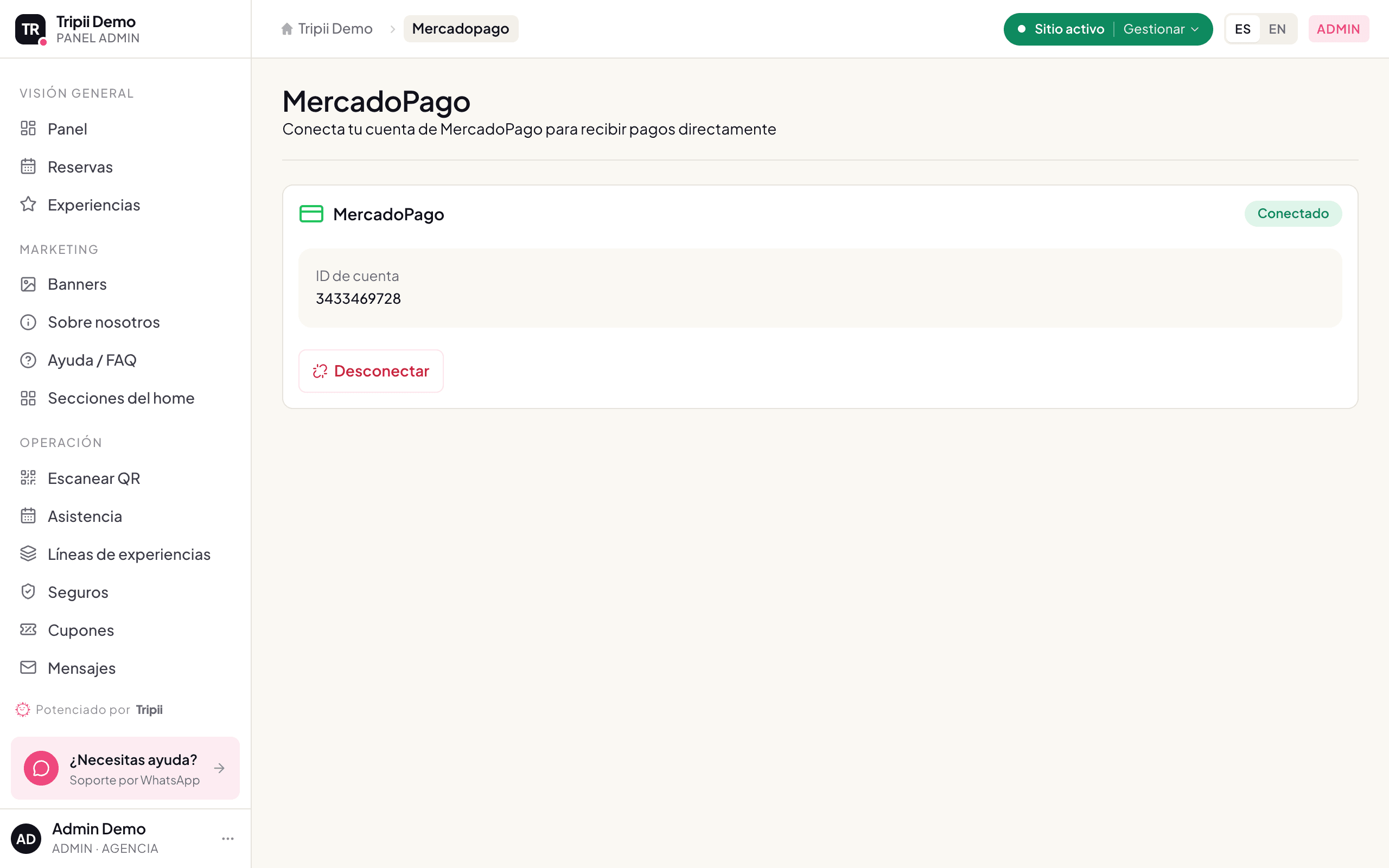 Cuenta de MercadoPago conectada para recibir pagos directos