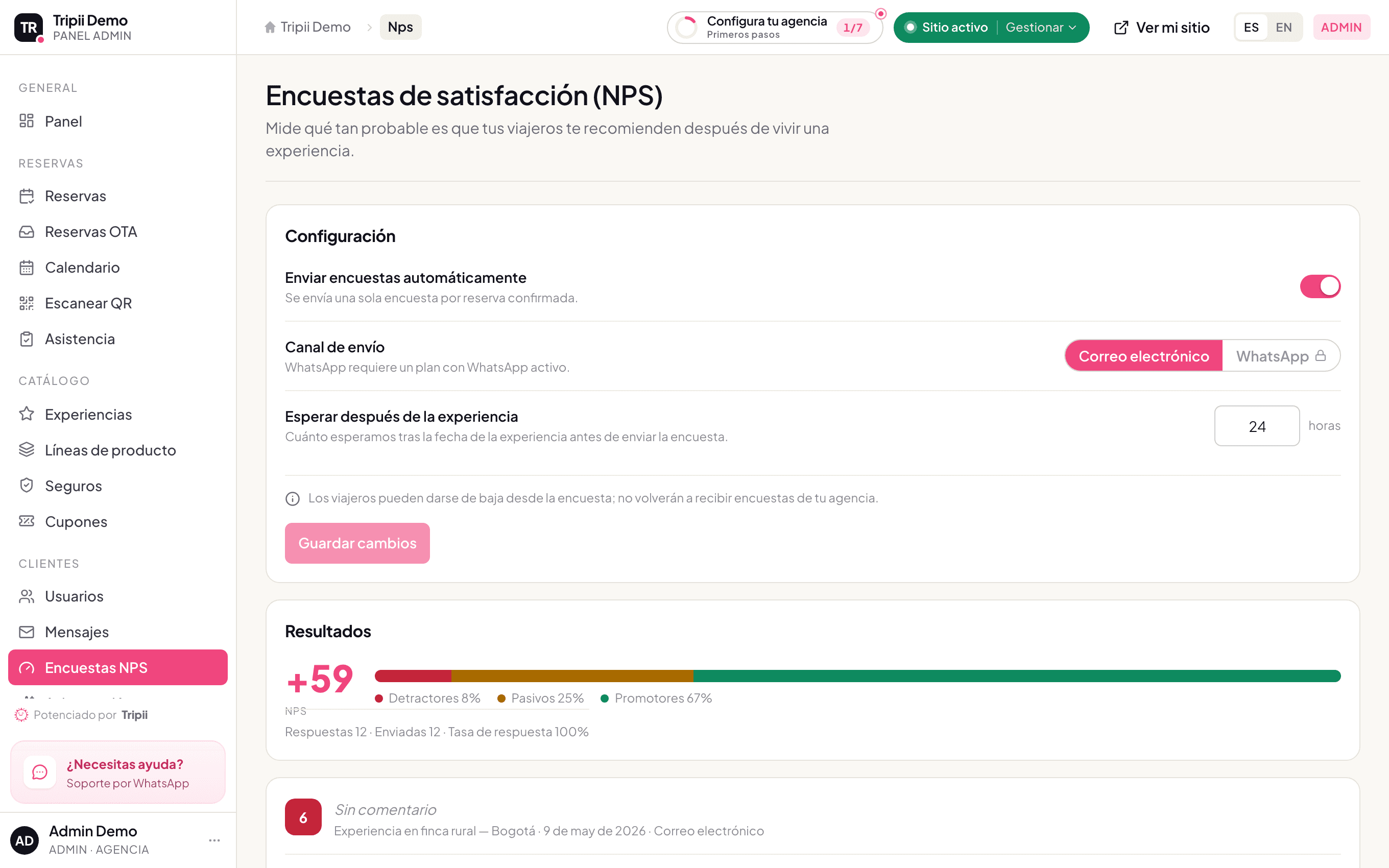 Encuestas NPS con resultados: promotores, pasivos y detractores