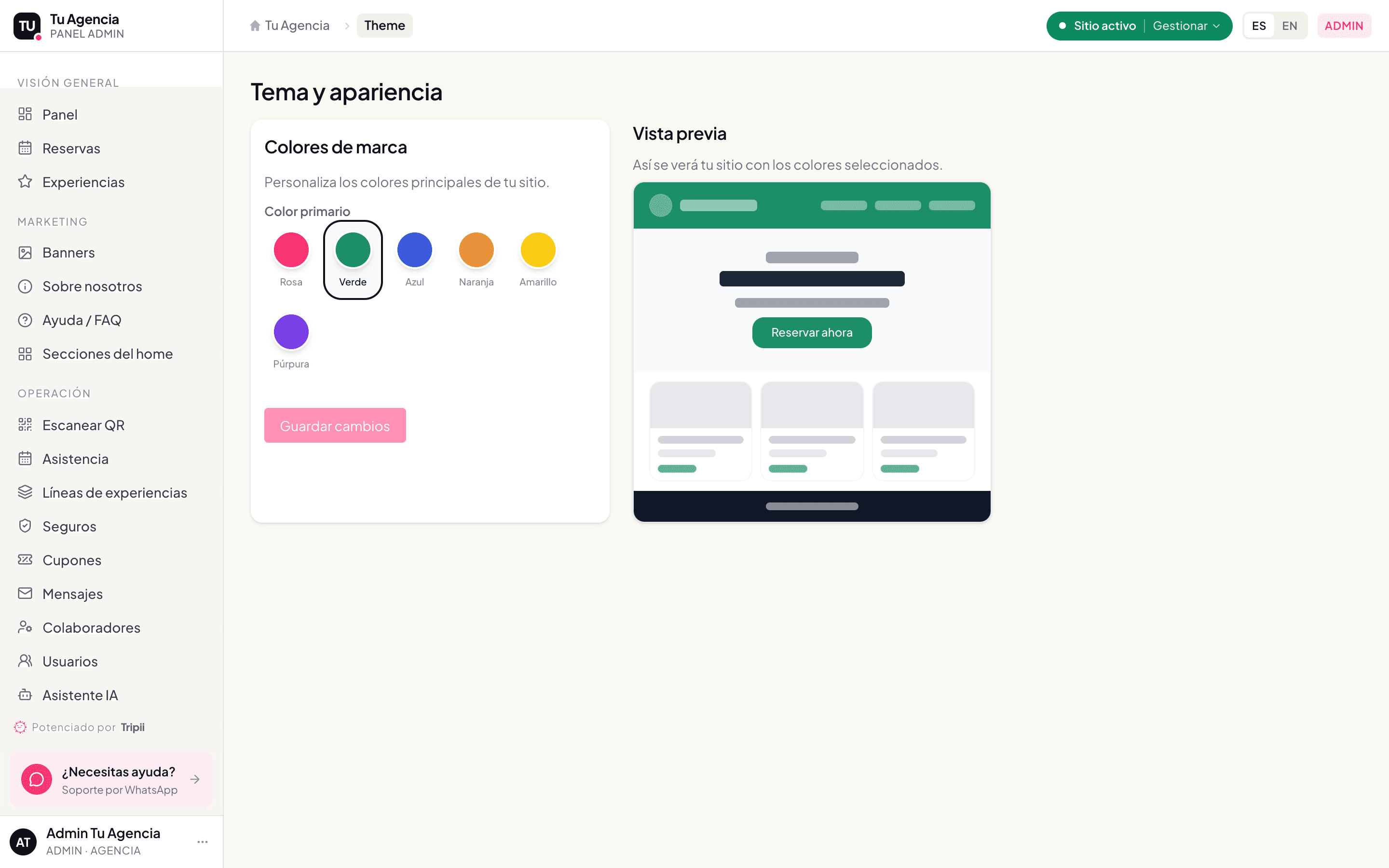 Editor de tema: paleta de colores de marca con vista previa en vivo